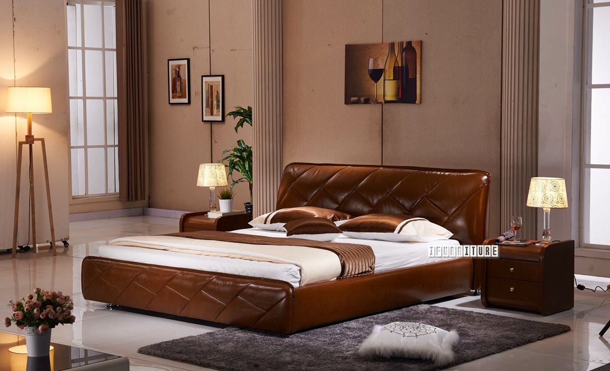 LAVELLO Genuine Italian Leather Bed in Queen/ Super King Size