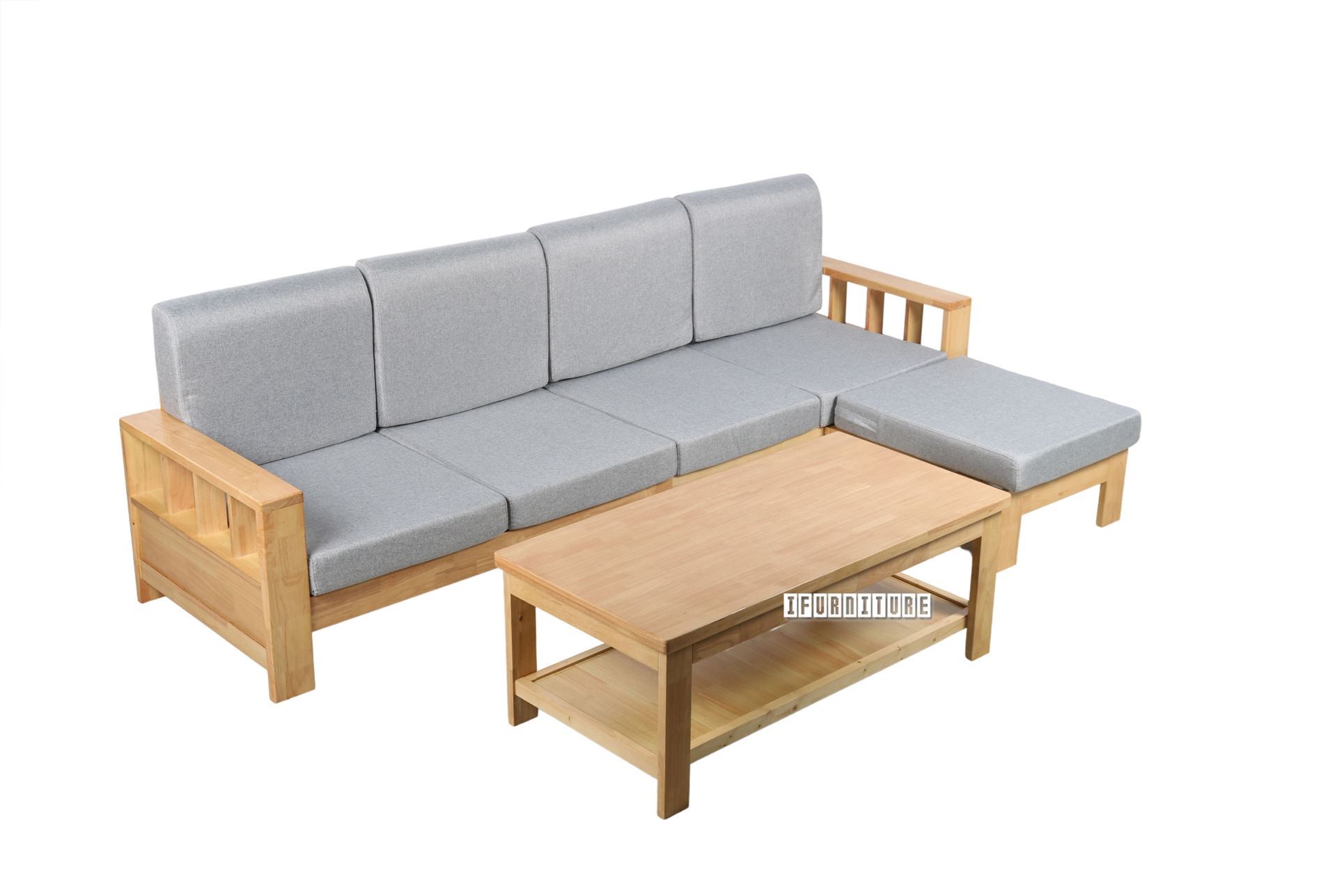 BOLEY Rubber Wood Sectional Sofa with Coffee Table (Beech and Grey)