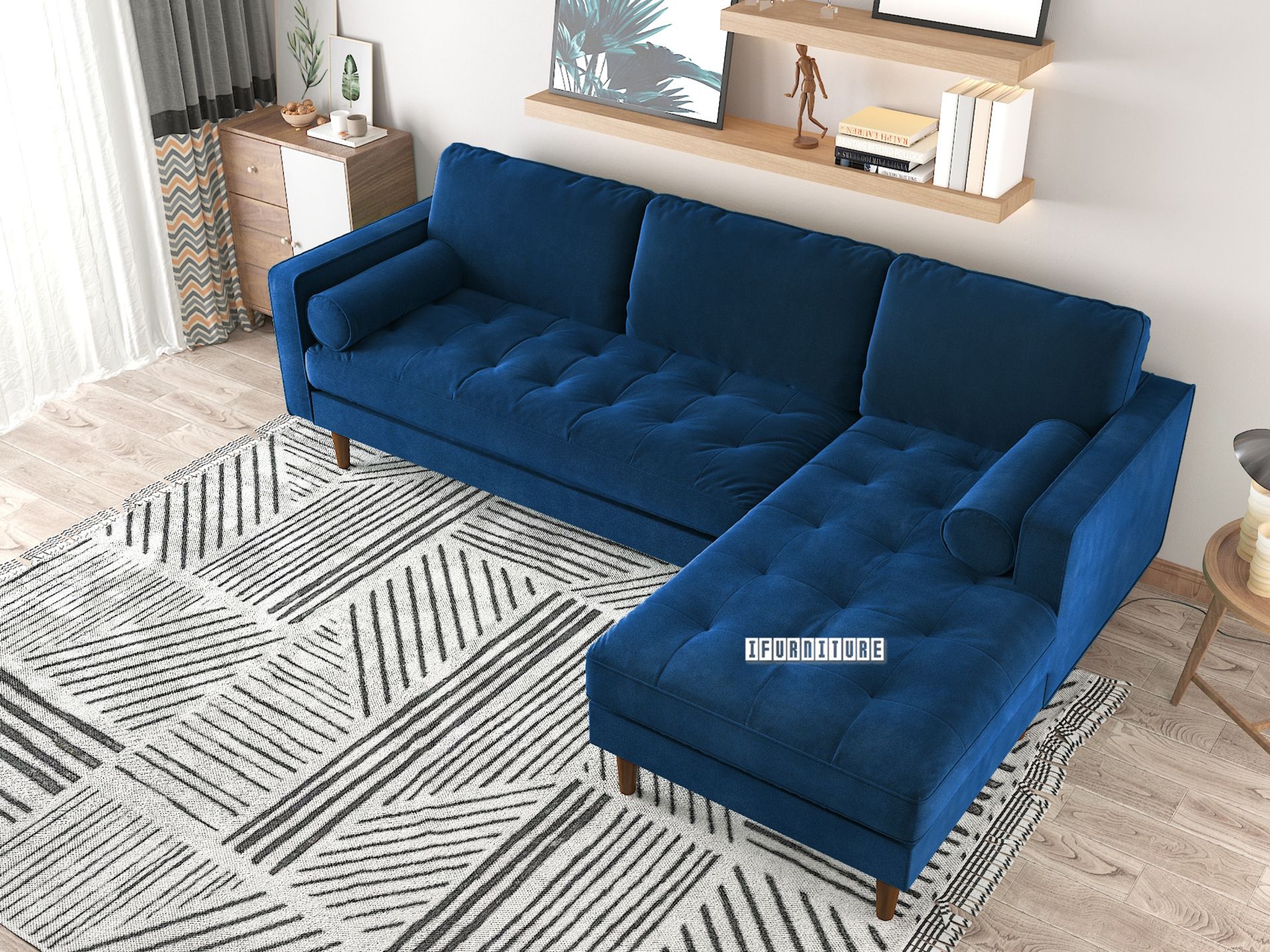 FAVERSHAM Velvet Fabric Sectional Sofa (Space Blue)