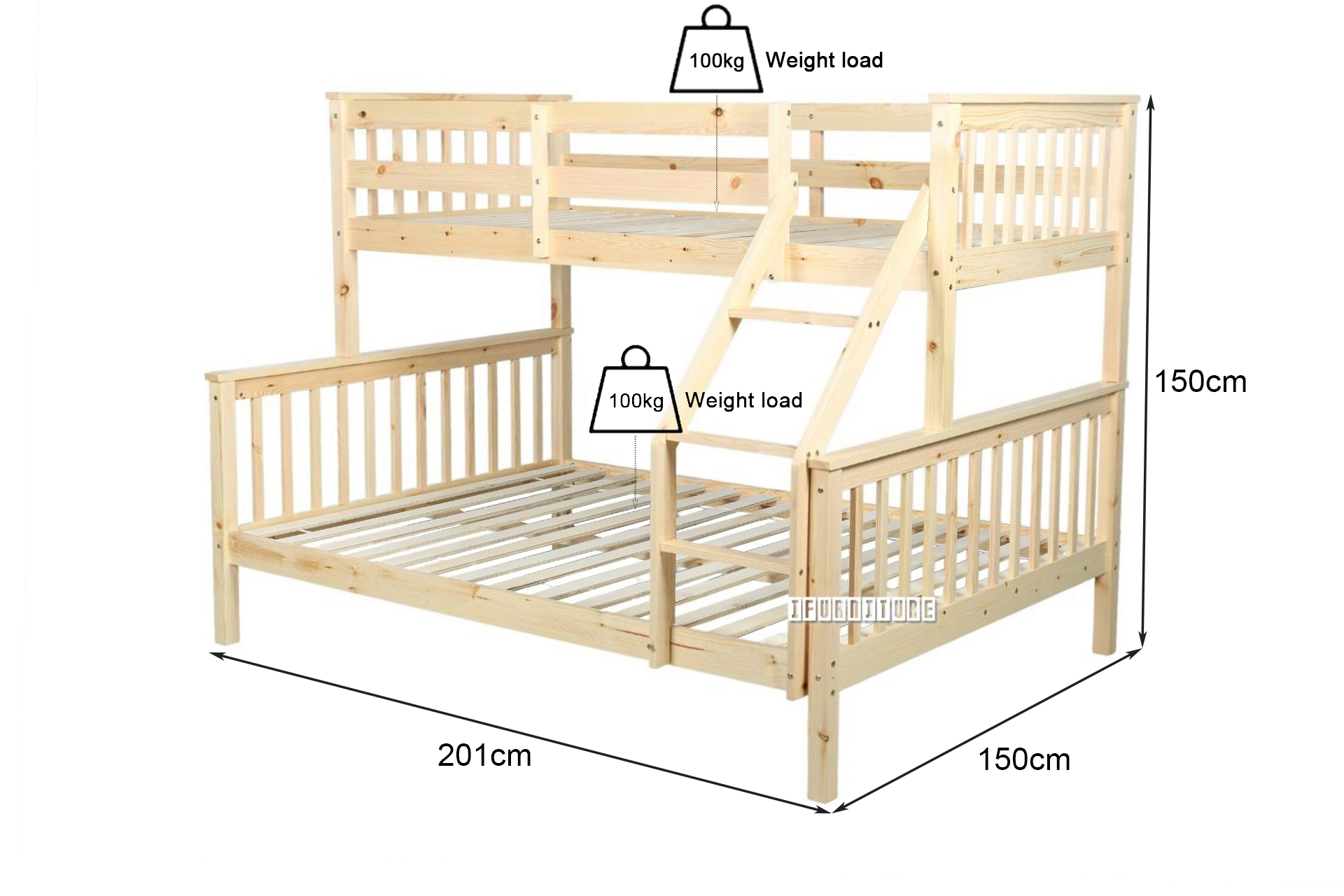 STARLET Single-Double Solid NZ Pine Bunk Bed Frame (Natural)