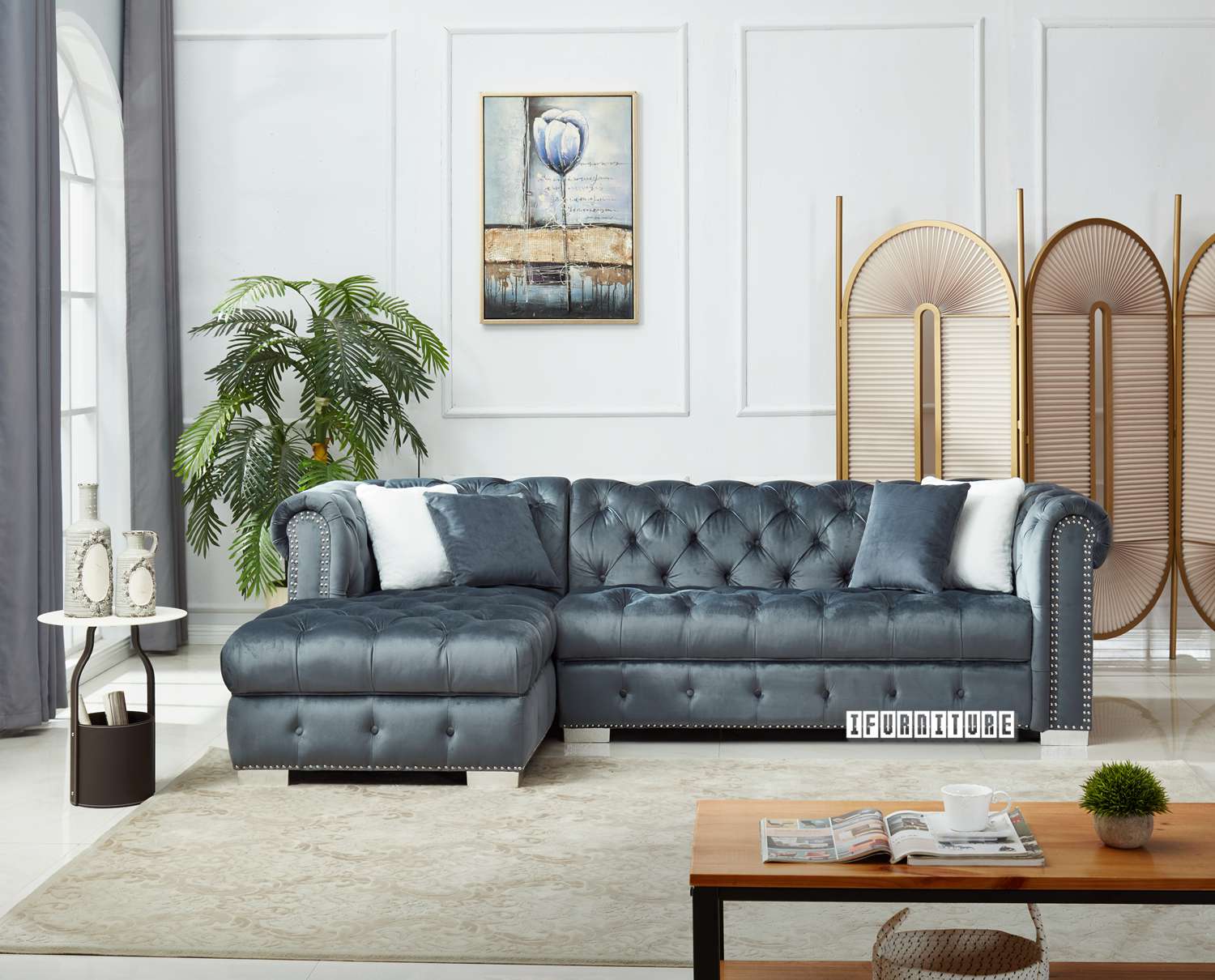 EDITH GOODWILL Sectional Chesterfield Tufted Velvet Sofa (Grey)