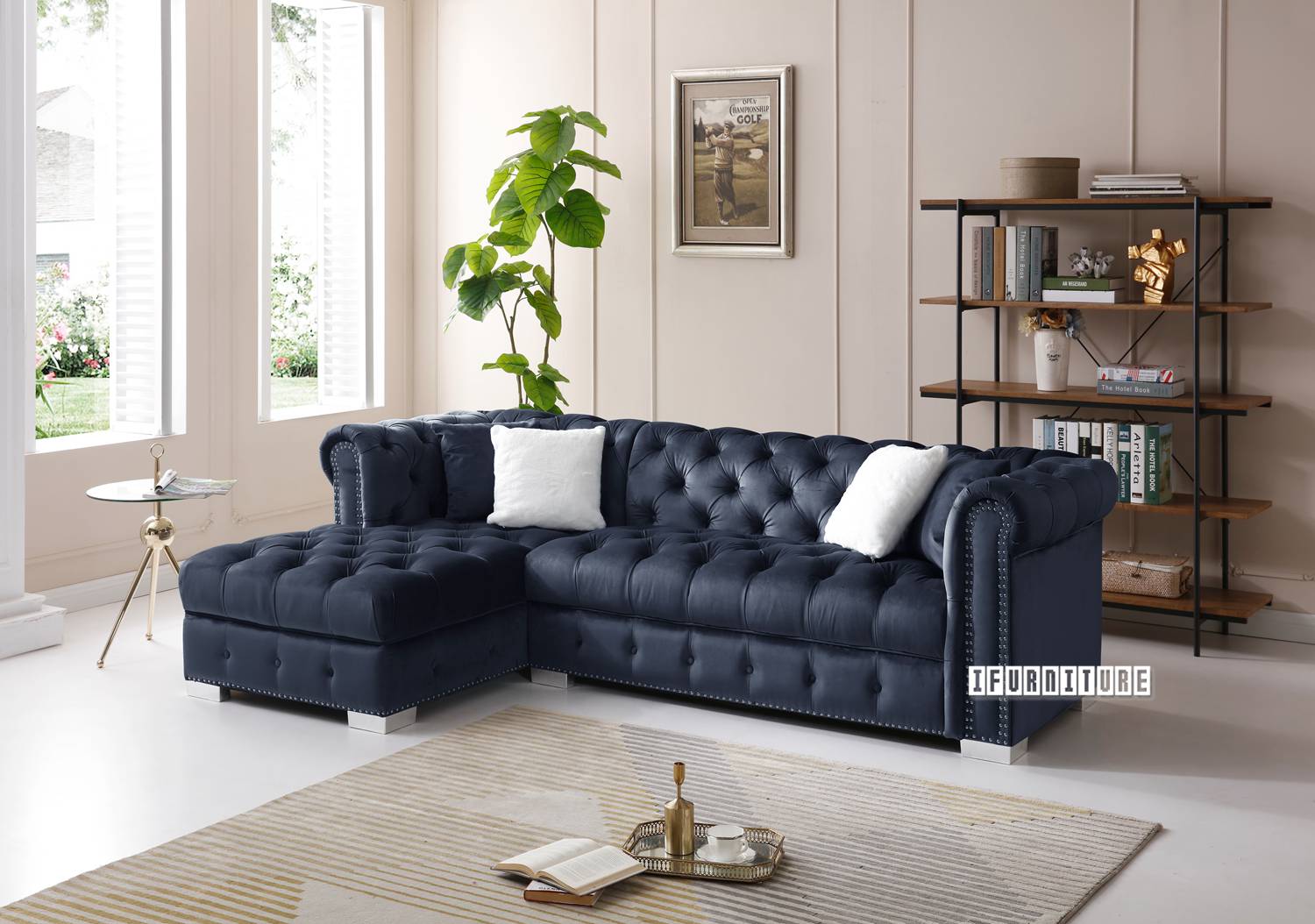 EDITH GOODWILL Sectional Chesterfield Tufted Velvet Sofa (Black)