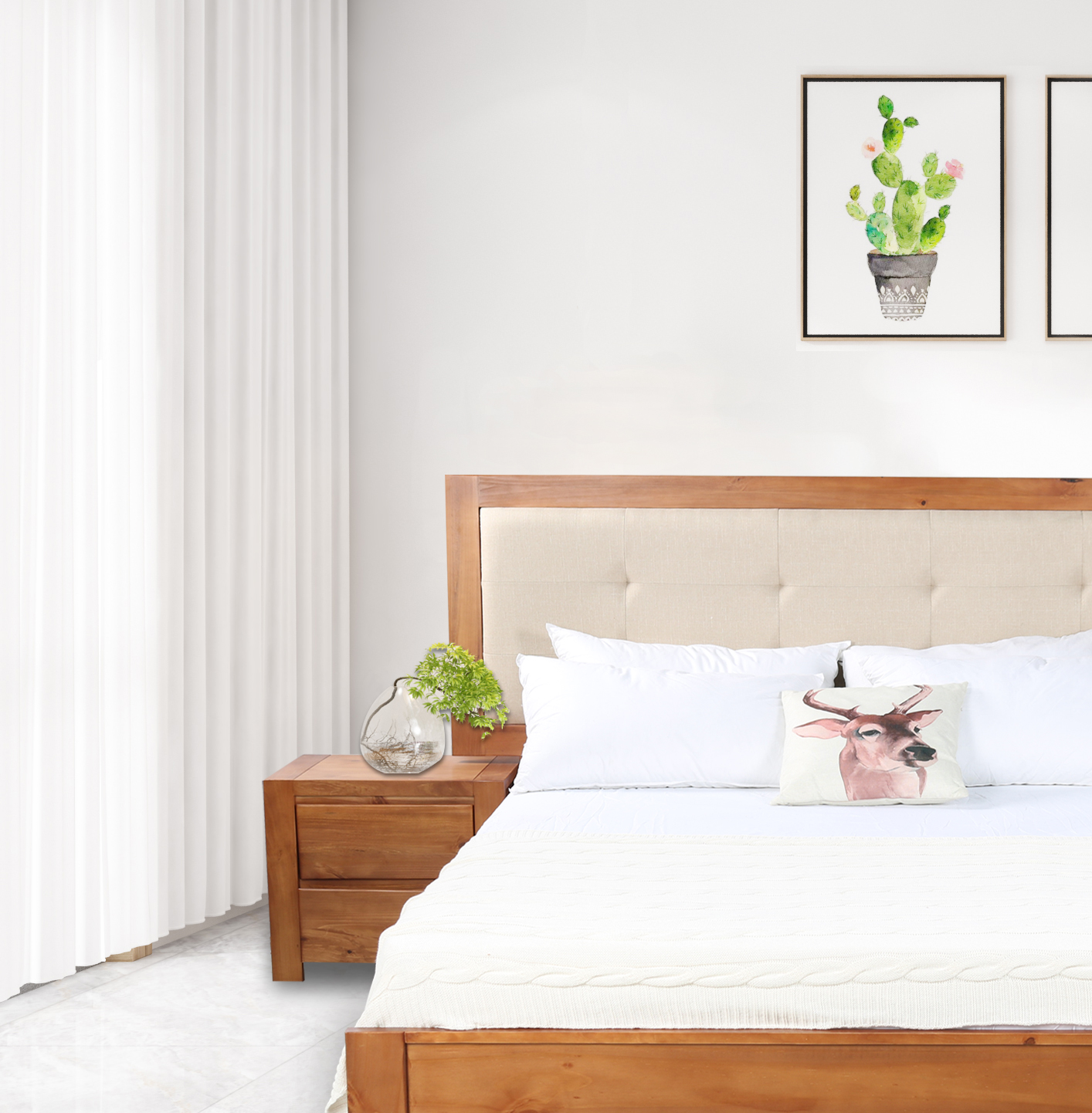 COOLMORE Solid Pine Queen Size Bed Frame with Extended Headboard