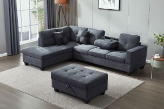 NEBULA Sectional Sofa with Storage Ottoman & Drop-Down Console (Dark Grey)