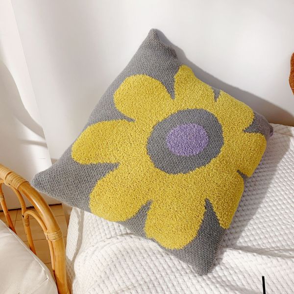 Picture of DAISY Floral Style Square Jacquard Cushion with Inner (45cmx45cm) - Grey Base Yellow Daisy 