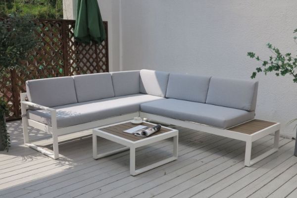 BELMOND Aluminium Sectional Outdoor Sofa Set Light Grey Cushions White Frame