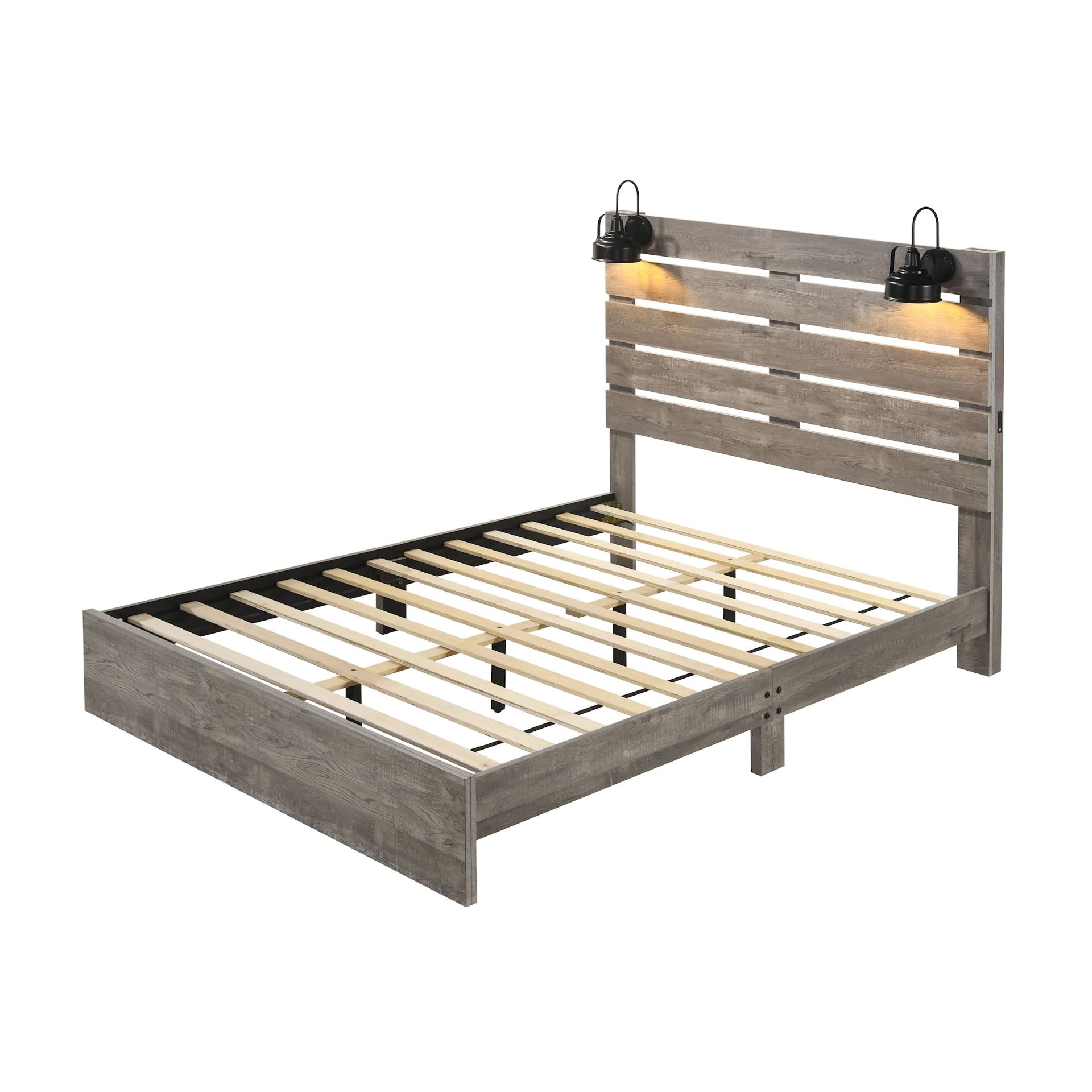 Crown Queen Size Bed Frame with Lighting and USB Port (Grey)