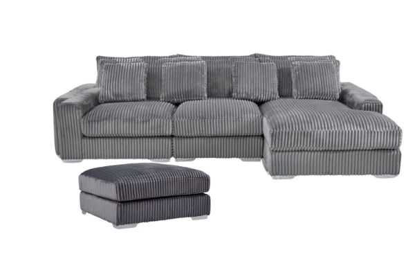 Picture of WINSTON Corduroy Modular Sectional  Sofa (Grey) - Chaise Facing Right with Ottoman (4PC Set)