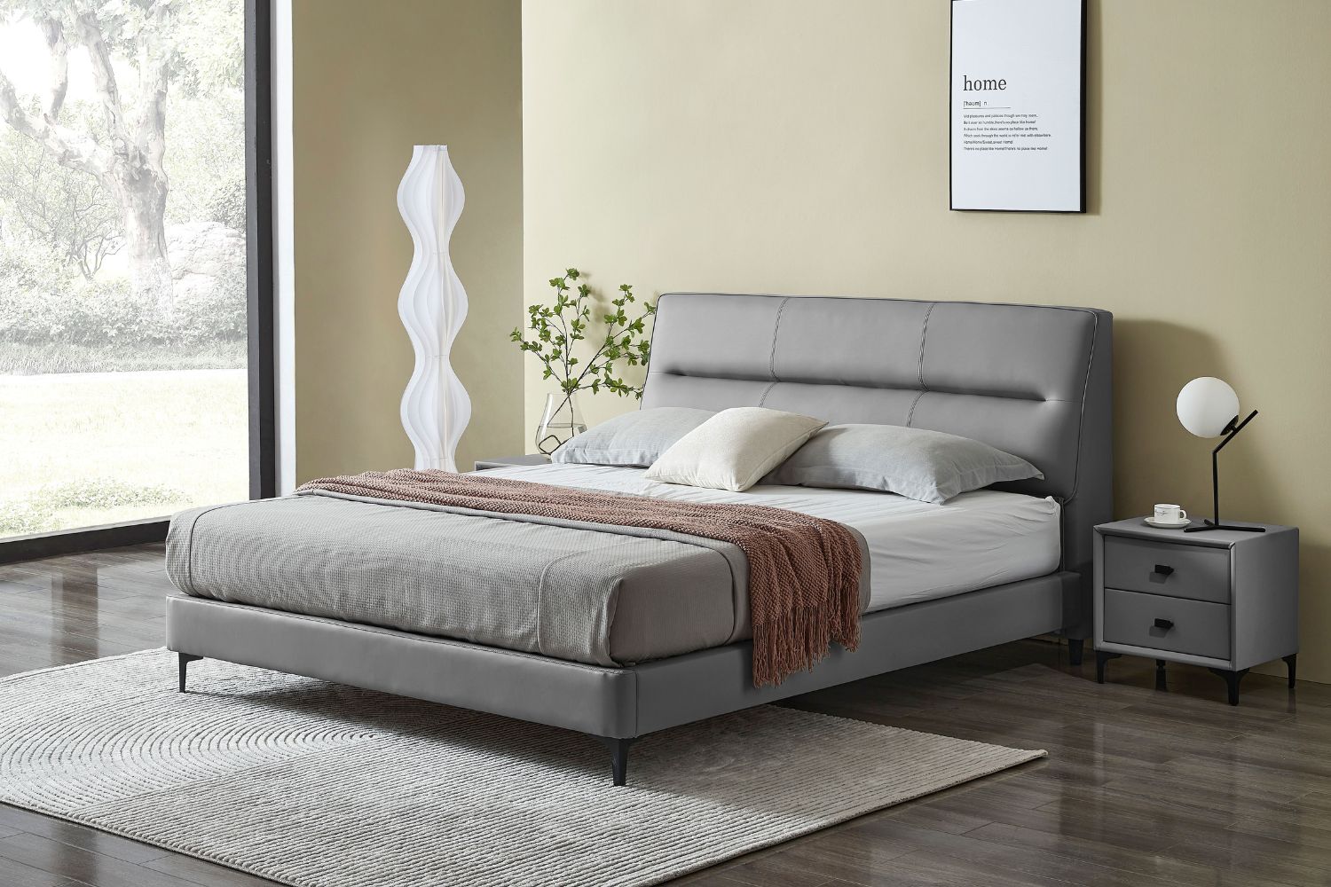 CUBA Genuine Leather Bed Frame in Queen/King Size (Dark Grey)