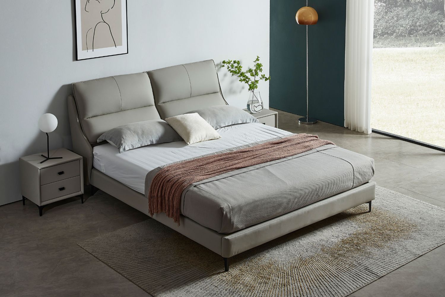 ROMEO Genuine Leather Bed Frame (Light Grey) - King