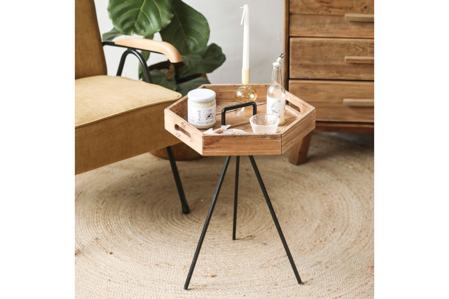 RUSSELL Hexagonal Reclaimed Pine Wood Tray Side Table