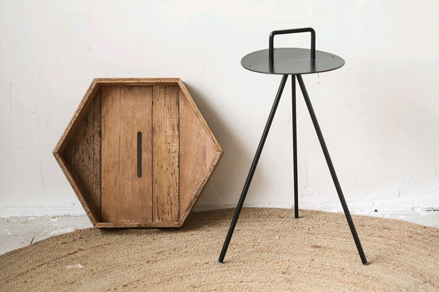 RUSSELL Hexagonal Reclaimed Pine Wood Tray Side Table