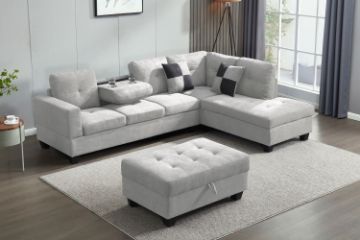 Picture of (FLOOR MODEL CLEARANCE) NEBULA Right Facing Sectional Sofa with Storage Ottoman & Drop-Down Console (Light Grey)