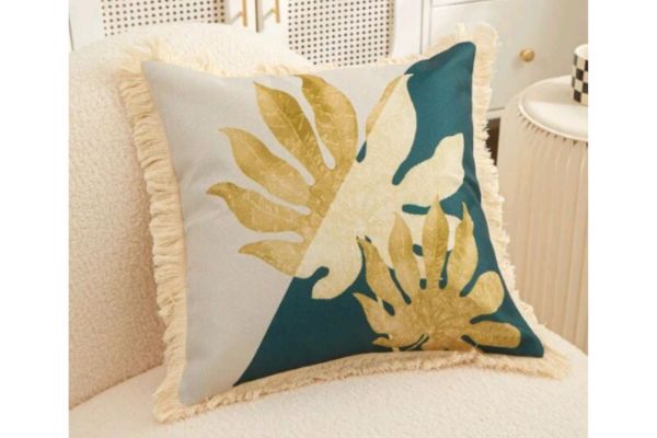 Picture of GOLDEN Leaf Fringe Trim Cushions with Inner (45x45cm) - Monstera Leaves (1929)