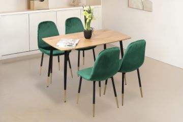 Picture of BIJOK 120/140 5PC Dining Set (Oak Finish Table & Green Velvet Chairs)