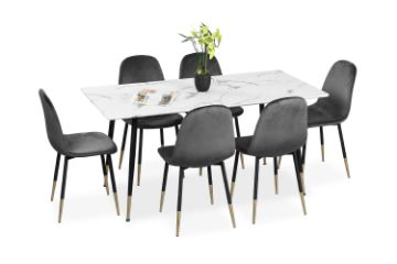 Picture of BIJOK 160 7PC Dining Set (White Marble Finishing) - 1 Dining Table + 6 Dining Chairs (Grey)