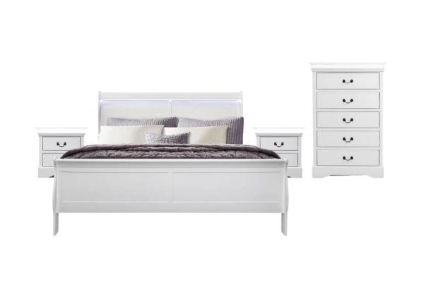 Picture of LOUIS 4PC Hevea Wood with LED Lighting Bedroom Set in Queen Size (White) 