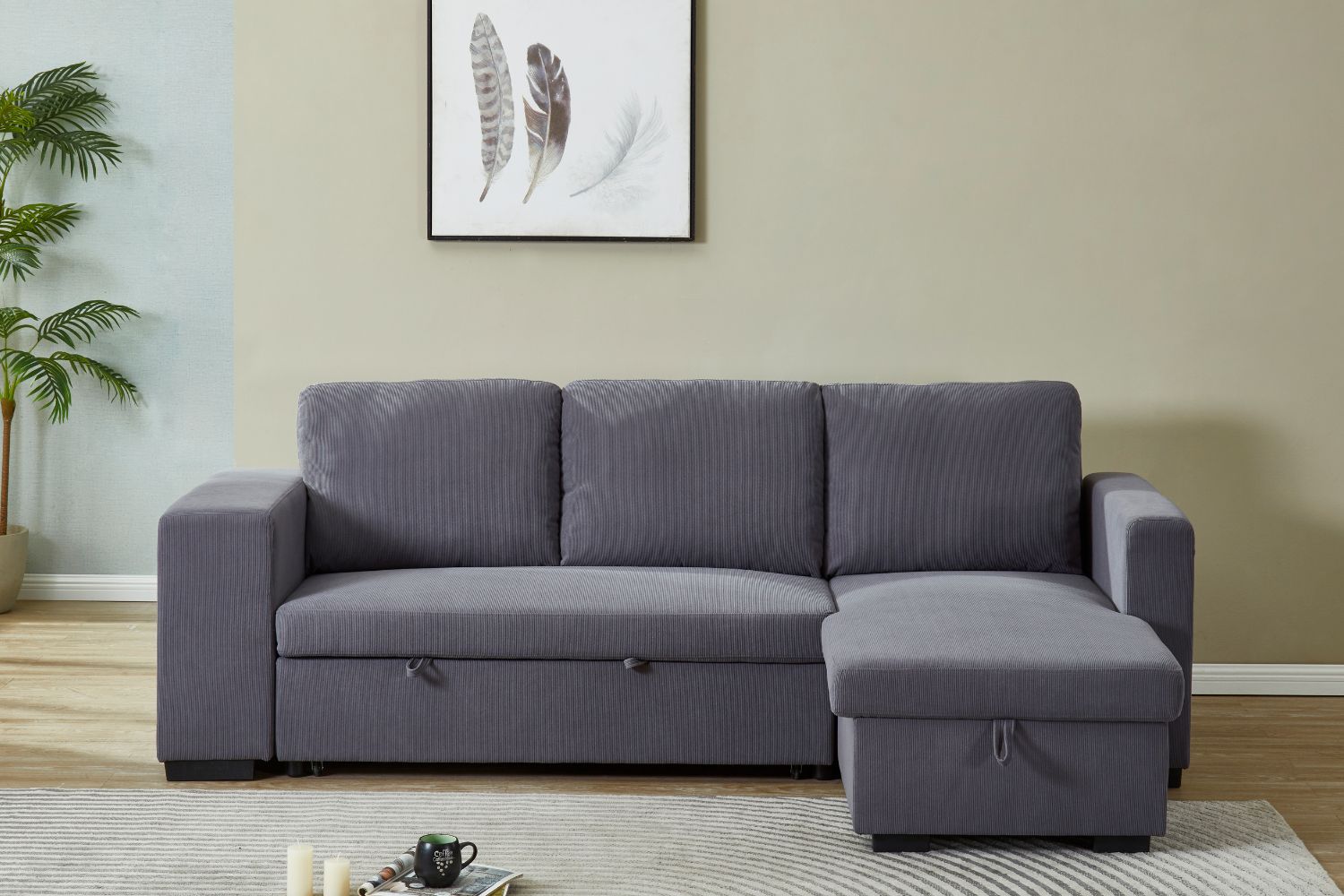 LUCENA Reversible Sectional Sofa Bed with Storage (Fine-striped Corduroy)