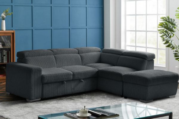 Picture of MILLBURY Corduroy Fabric Corner Sofa Bed with Storage and Ottoman - Chaise Facing Right