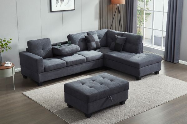 Picture of NEBULA Sectional Sofa with Storage Ottoman & Drop-Down Console (Dark Grey) - Chaise Facing Right