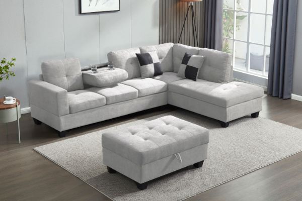 Picture of NEBULA Sectional Sofa with Storage Ottoman & Drop-Down Console (Light Grey) - Facing Right