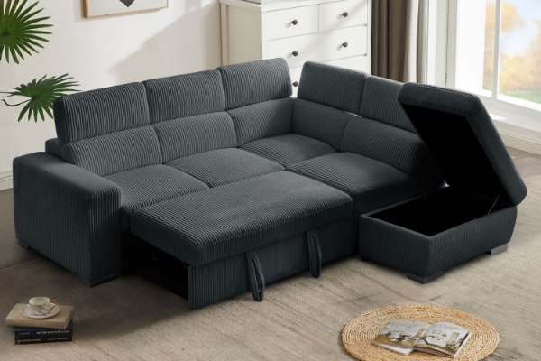 Picture of MILLBURY Corduroy Fabric Corner Sofa Bed with Storage and Ottoman