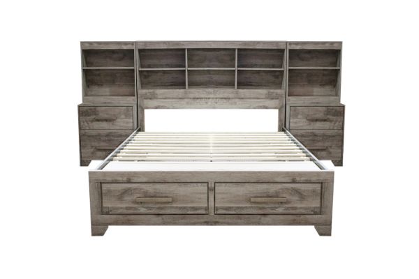 Picture of  AGILENT Storage Bed Frame with Built-in Shelves - Queen Size Bed with 2 Sets Bedside+Side Pier Combo