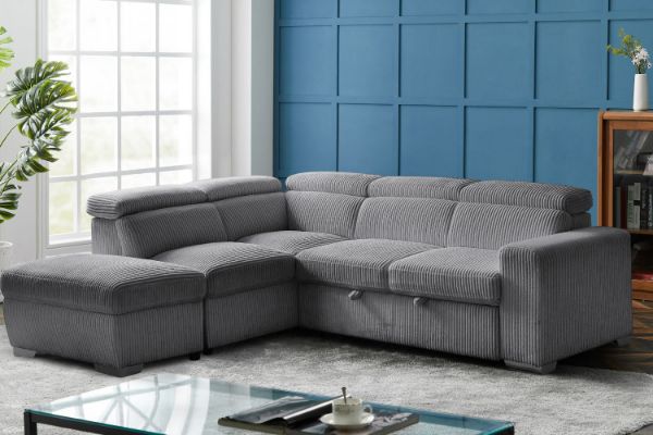 Picture of MILLBURY Corduroy Fabric Corner Sofa Bed with Storage and Ottoman - Chaise Facing Left