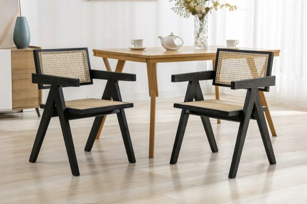 Picture of CHANDIGARH Solid Rubber Wood with Real Rattan Arm Chair (Black)  - 2 Chairs in 1 Carton