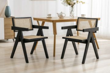 Picture of CHANDIGARH Solid Rubber Wood with Real Rattan Arm Chair (Black)  - Set of 2