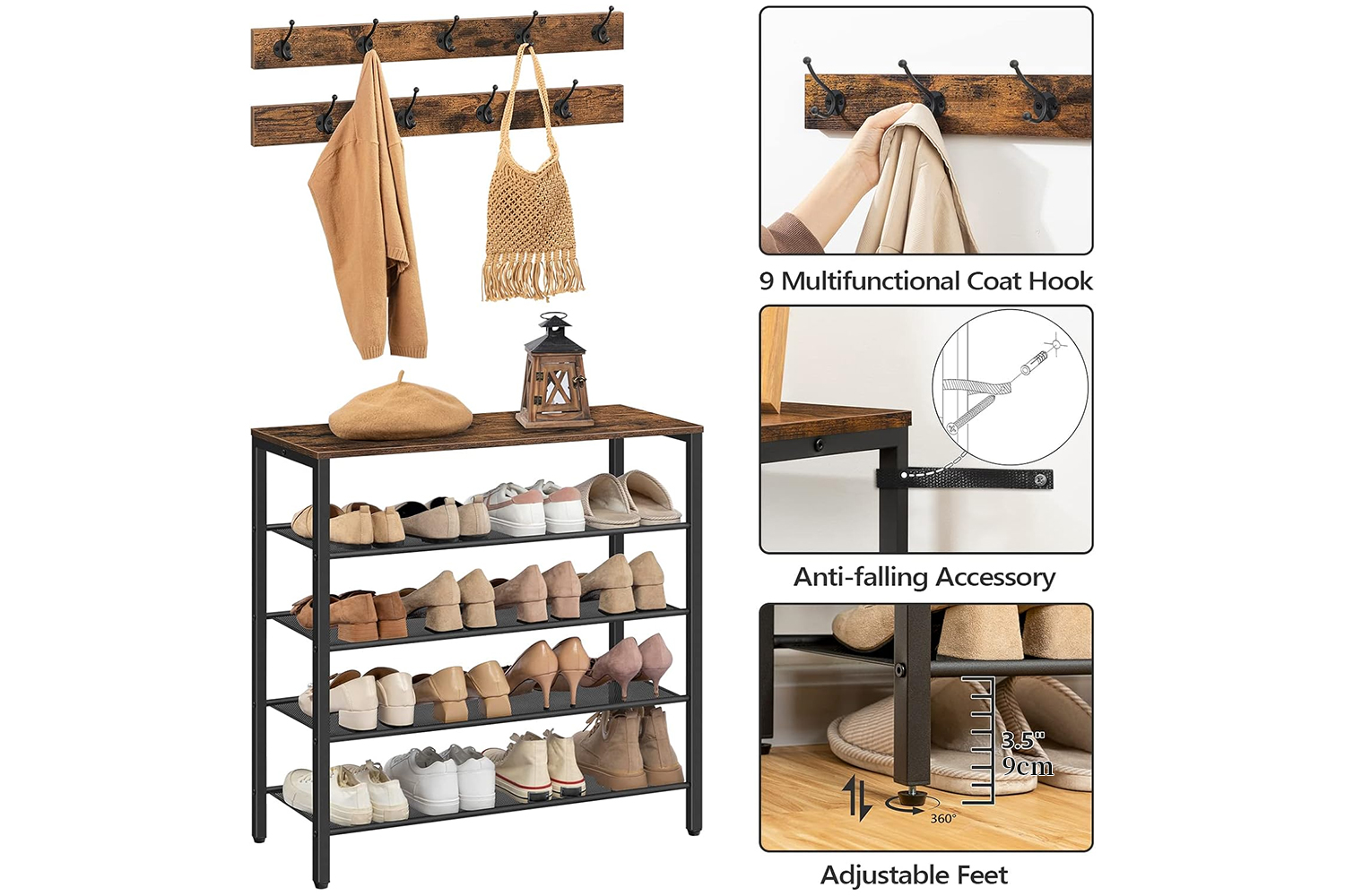LITON Adjustable 5-Tier Shoe Rack with Wall Hooks