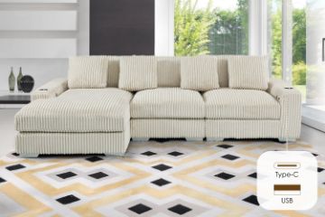 Picture of WINSTON Premium Corduroy Modular Sectional Sofa with Cup Holders & USB Ports (Beige) - Chaise Facing  Left