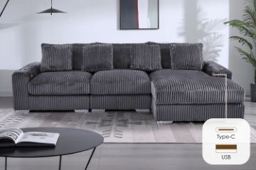 Picture of WINSTON Premium Corduroy Modular Sectional Sofa with Cup Holders & USB Ports (Grey)