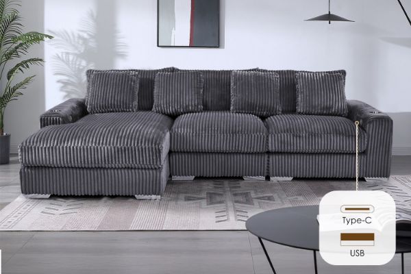 Picture of WINSTON Premium Corduroy Modular Sectional Sofa with Cup Holders & USB Ports (Grey) - Chaise Facing Left