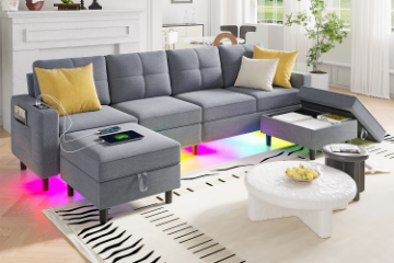 Picture of KINSLEY Modular Sectional Sofa with Wireless Charging, USB & Type-C Ports, and LED Lighting (Medium Grey)