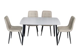Picture of SAROTO 130 Sintered Stone Top 5PC Dining Set (Gloss White Table + Creamy White Chairs) 