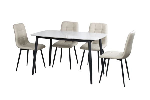 Picture of SAROTO 130 Sintered Stone Top 5PC Dining Set (Gloss White Table + 4 Creamy White Chairs) 