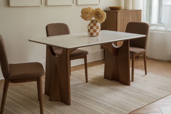 Picture of NATALIE 160 Dining Table with Natural White Stone Top & Solid Wood Base
