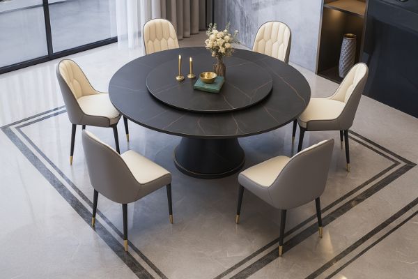 Picture of ORBIT 1.35M Round Rotating Sintered Stone Top Dining Set (Black Top) - 7PC 