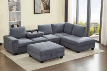 Picture of OSAKA Sectional Sofa with Storage Ottoman, Flip-Back Hidden Cup Holders & USB Port (Grey)