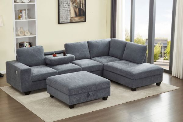 Picture of OSAKA Sectional Sofa with Storage Ottoman, Flip-Back Hidden Cup Holders & USB Port (Grey)