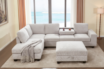 Picture of OSAKA Sectional Sofa with Storage Ottoman, Flip-Back Hidden Cup Holders & USB Port (Beige)