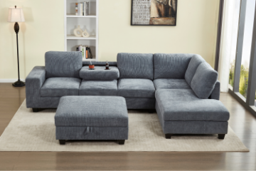 Picture of OSAKA Sectional Sofa with Storage Ottoman, Flip-Back Hidden Cup Holders & USB Port (Grey)