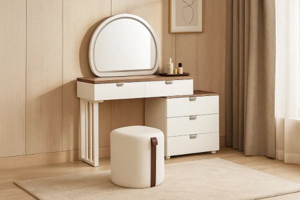 Picture of THIAGO 5-Drawer 100-140 Extension Tray Top Dressing Table with LED Mirror and Zerra Makeup Stool Set