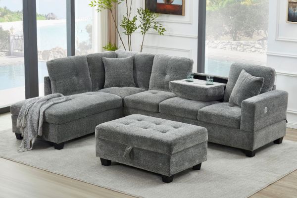 Picture of NEBULA Pro Sectional Sofa with Storage Ottoman & Drop-Down Console & USB Port (Misty Grey)