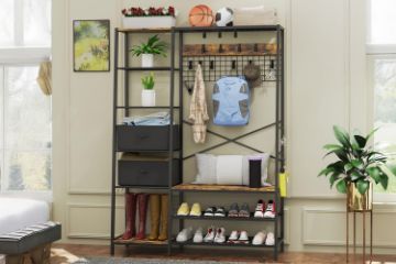 Picture of  [FLOOR MODEL CLEARANCE]  SERAPH Coat Rack Stand with 6-Tier Side Shelves and Shoe Storage