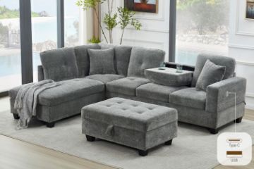 Picture of NEBULA Pro Sectional Sofa with Storage Ottoman & Drop-Down Console & USB Port (Misty Grey)