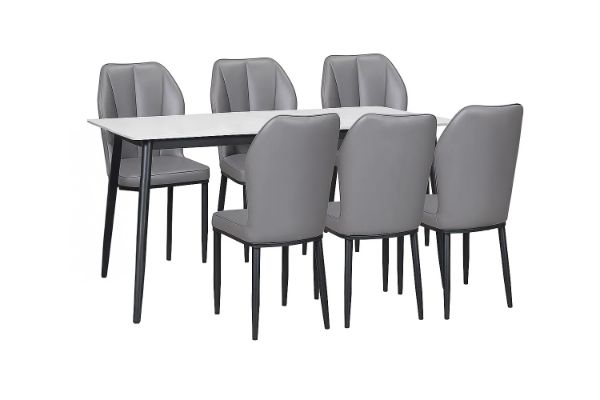 Picture of MIKASA 140 Sintered Stone Top 7PC Dining Set (Crisp-White Table + 6 Dark Grey Chairs)
