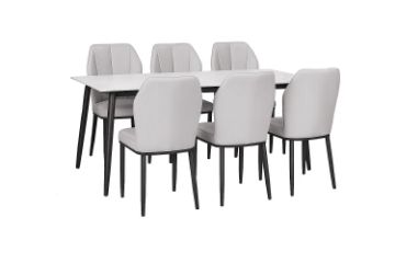 Picture of MIKASA 140 Sintered Stone Top 7PC Dining Set (Crisp-White Table + 6 Light Grey Chairs)