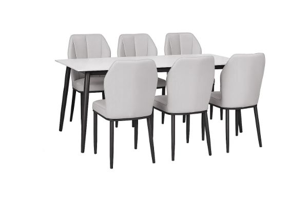 Picture of MIKASA 140 Sintered Stone Top 7PC Dining Set (Crisp-White Table + 6 Light Grey Chairs)